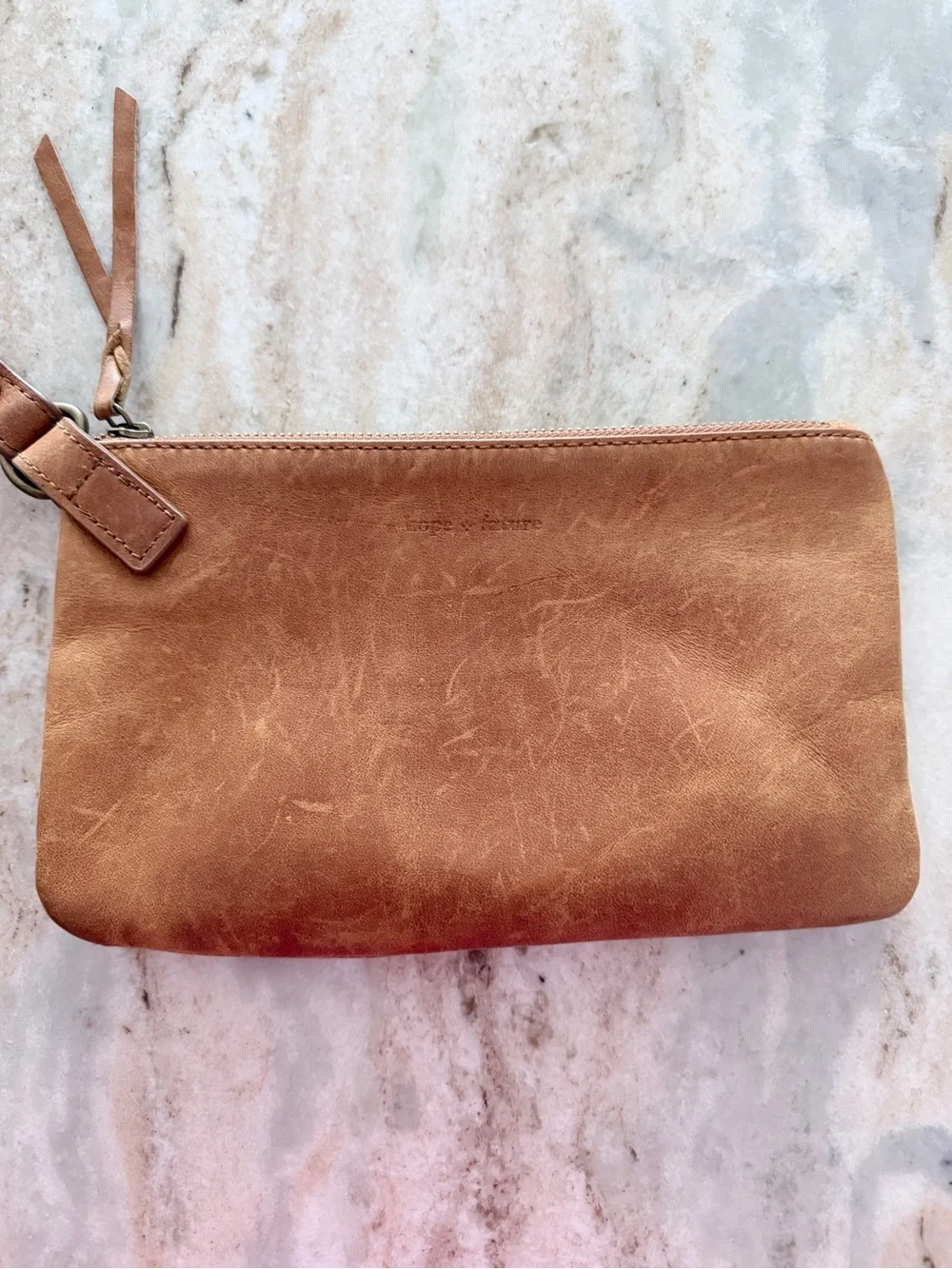 Hope & Future Leather Wristlet Clutch in Warm Tan 9” W x 5.5” H